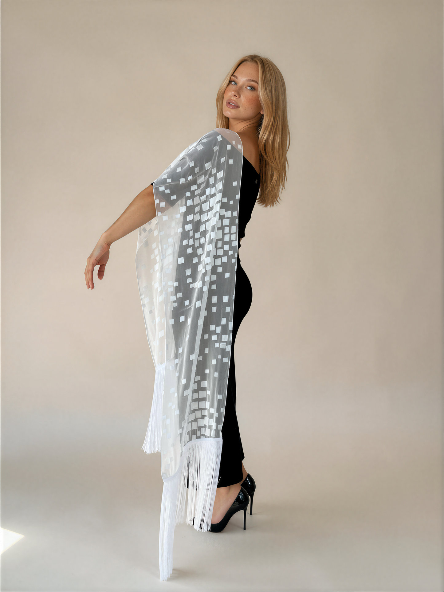 Silk Dévoré Burn_Out "Squares" Satin Scarf with Long Fringe