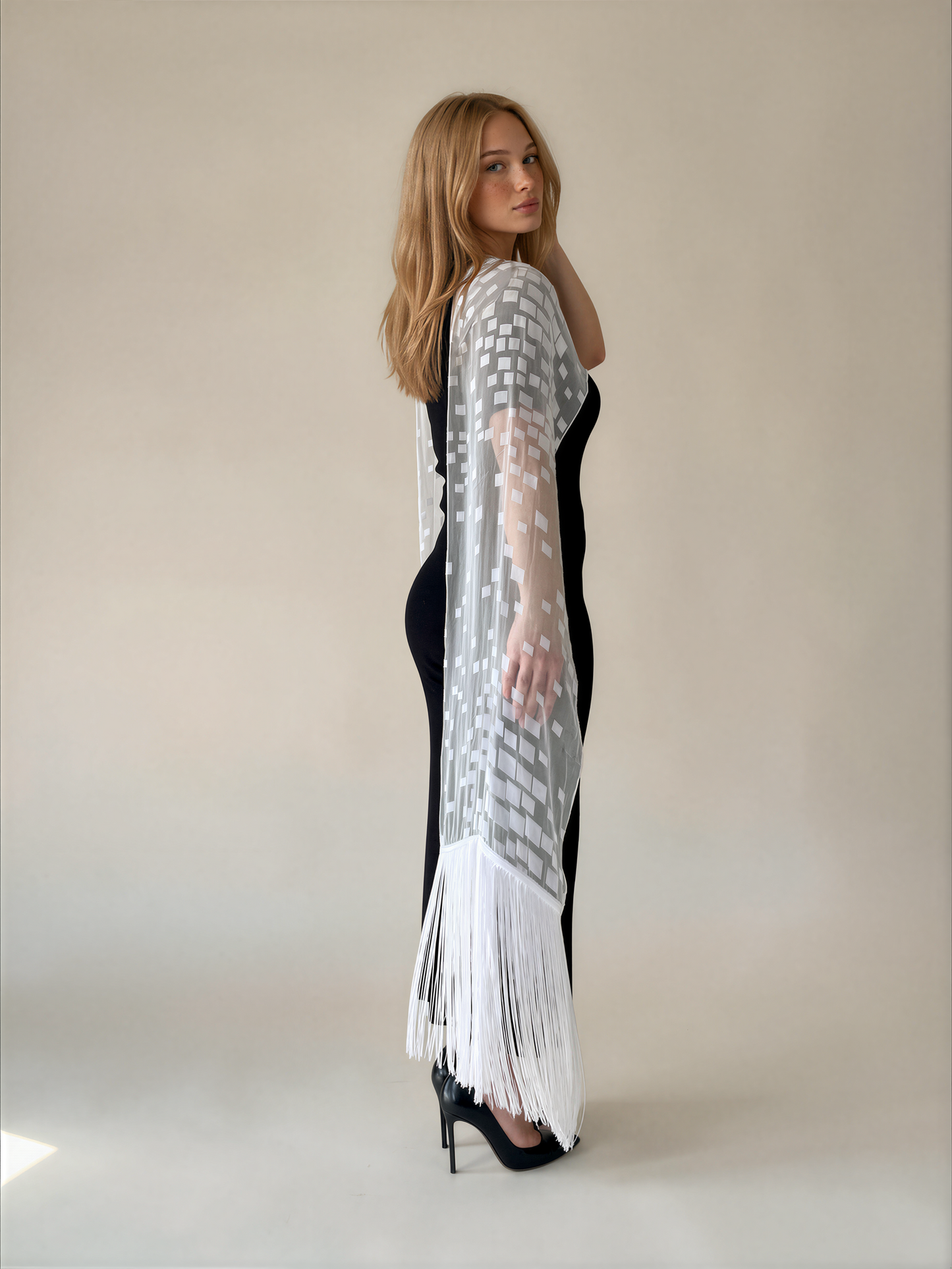 Silk Dévoré Burn_Out "Squares" Satin Scarf with Long Fringe