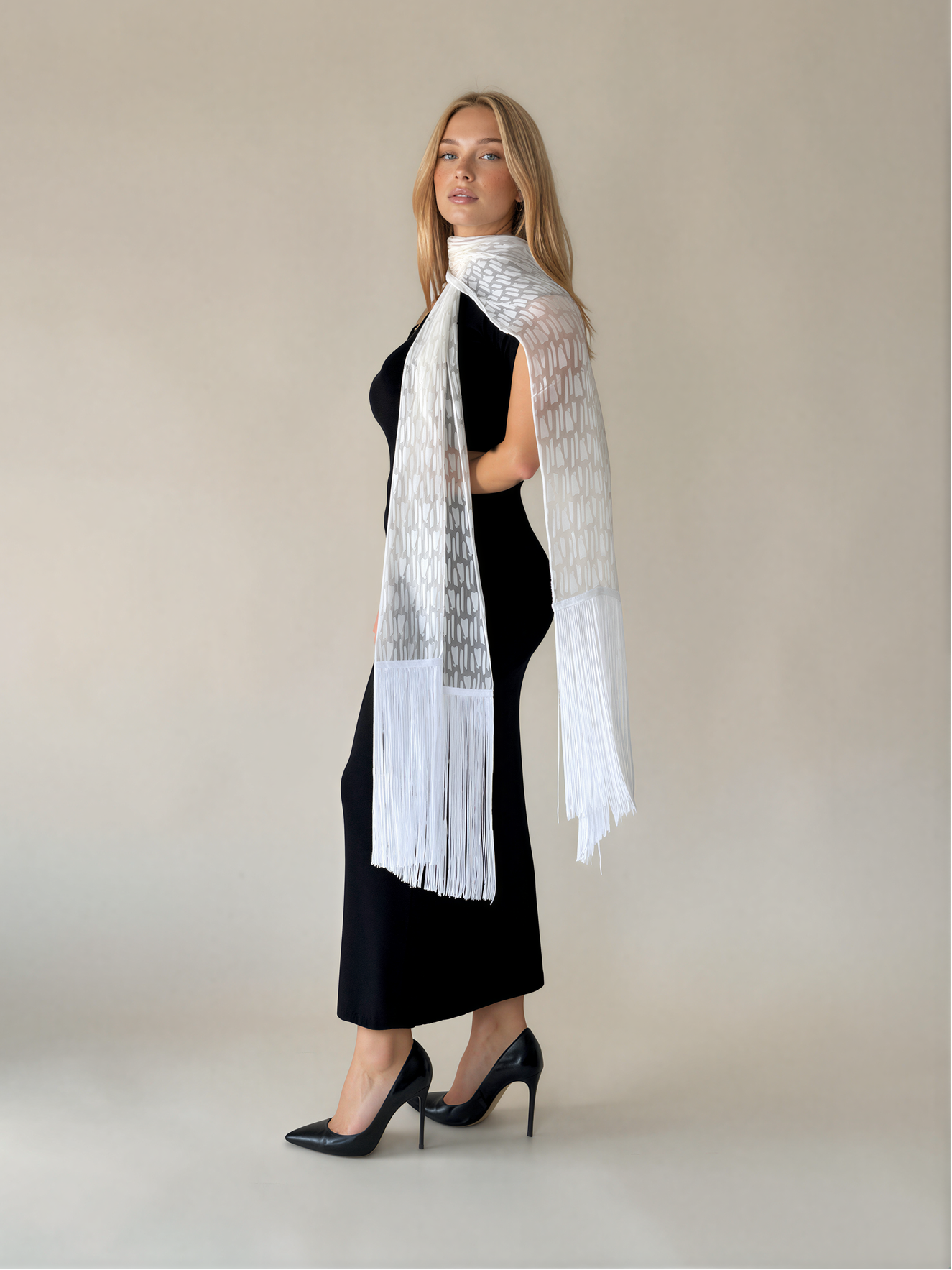 Silk Dévoré Burn_Out "Stripes" Satin Scarf with Long Fringe