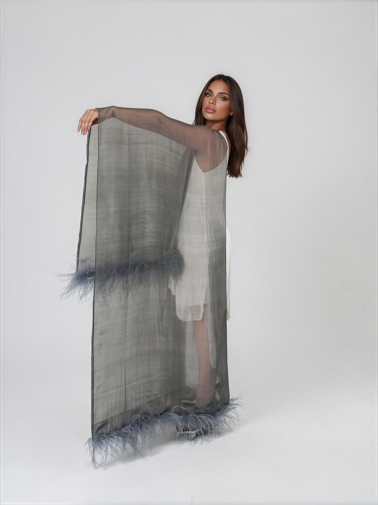 Gray Silk Ostrich Feathers Scarf
