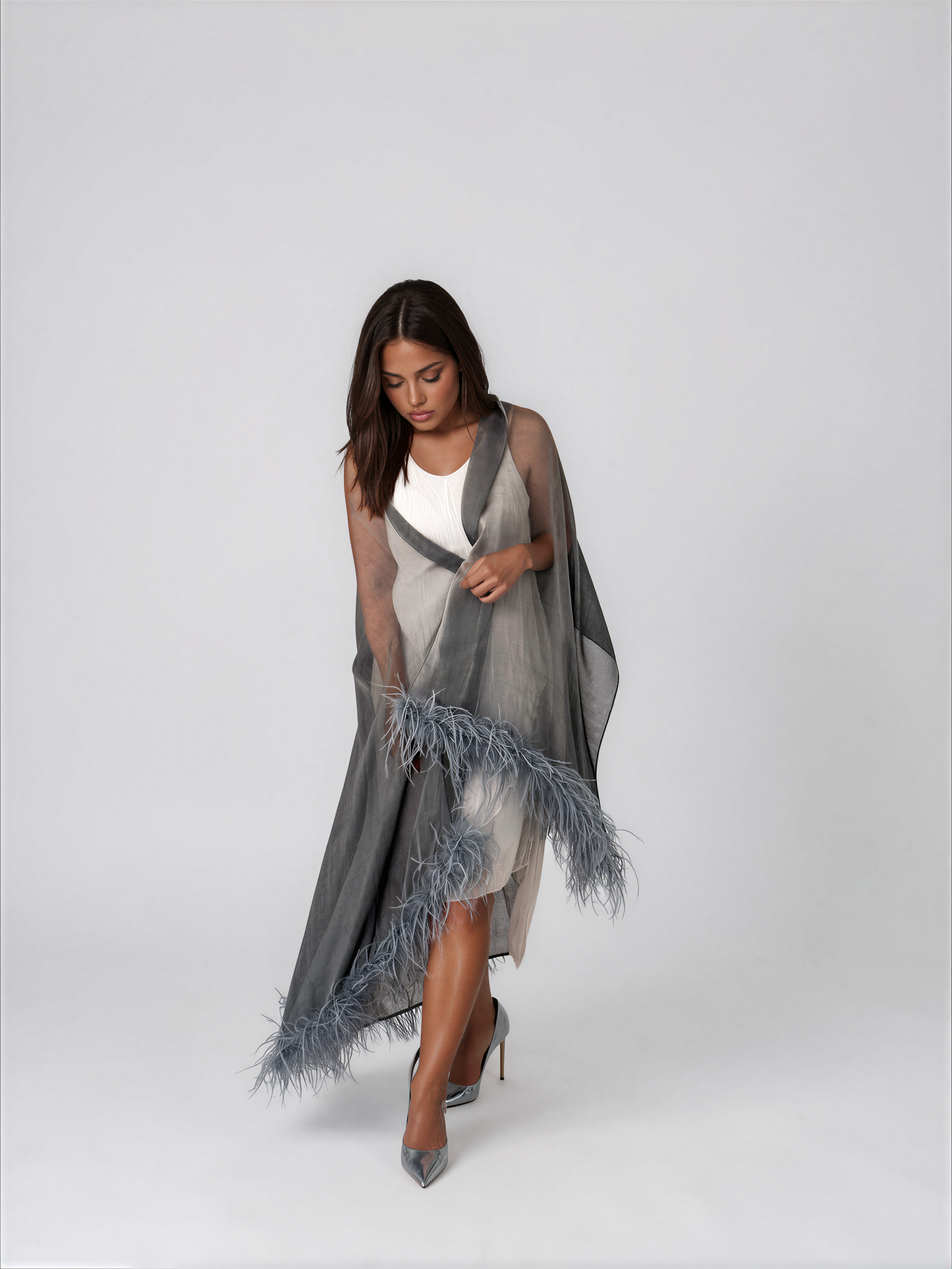 Gray Silk Ostrich Feathers Scarf