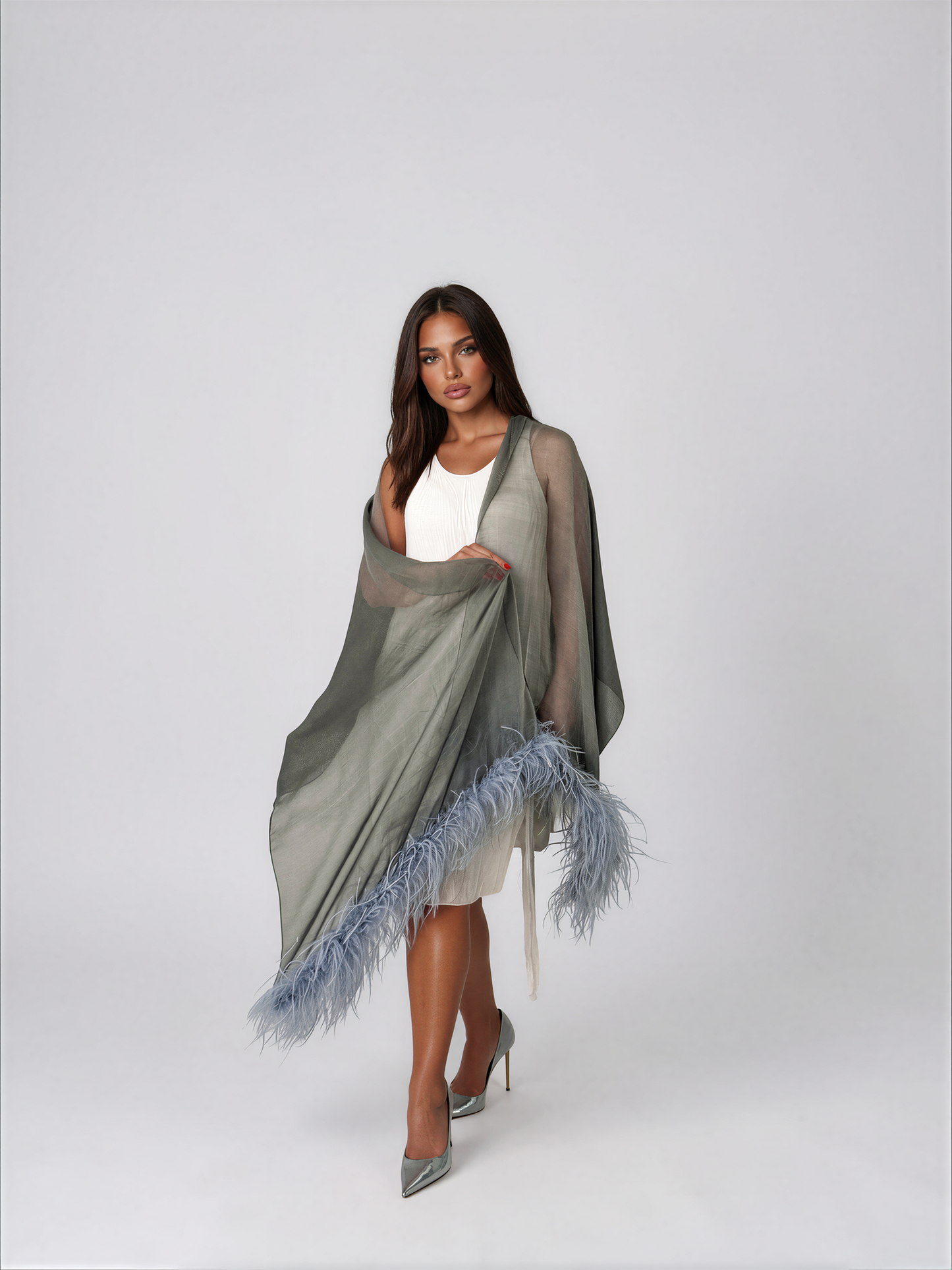 Gray Silk Ostrich Feathers Scarf