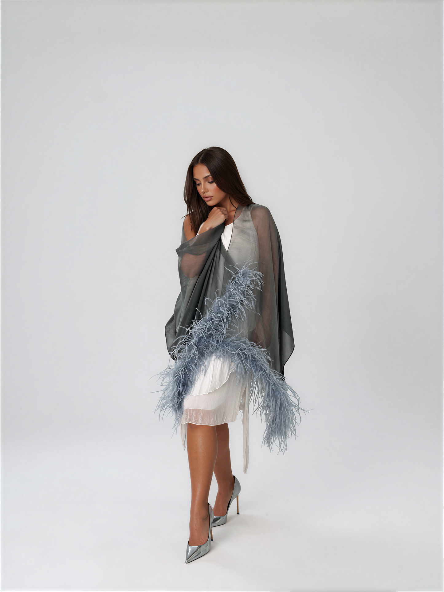 Gray Silk Ostrich Feathers Scarf